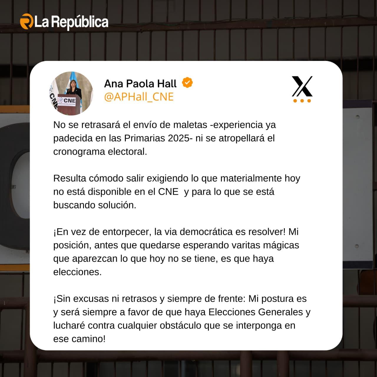 La consejera presidenta del Consejo Nacional Electoral (CNE), Ana Paola Hall, afirmó este jueves que no se retrasará el envío de maletas ele - Cover Image